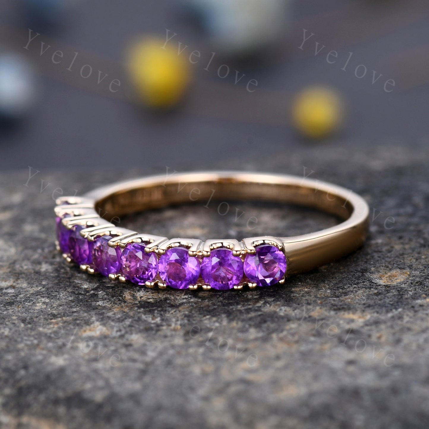 Amethyst ring 3mm round cut amethyst wedding band half eternity ring 14k rose gold matching band prongs set natural gemstone February Ring