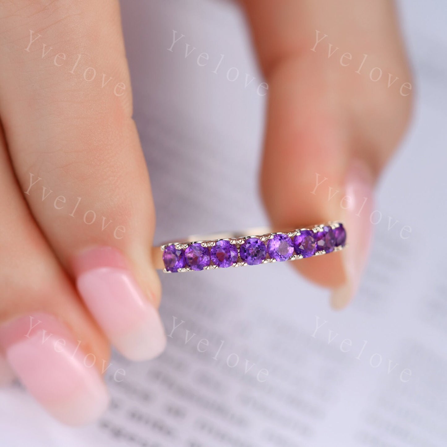 Amethyst ring 3mm round cut amethyst wedding band half eternity ring 14k rose gold matching band prongs set natural gemstone February Ring