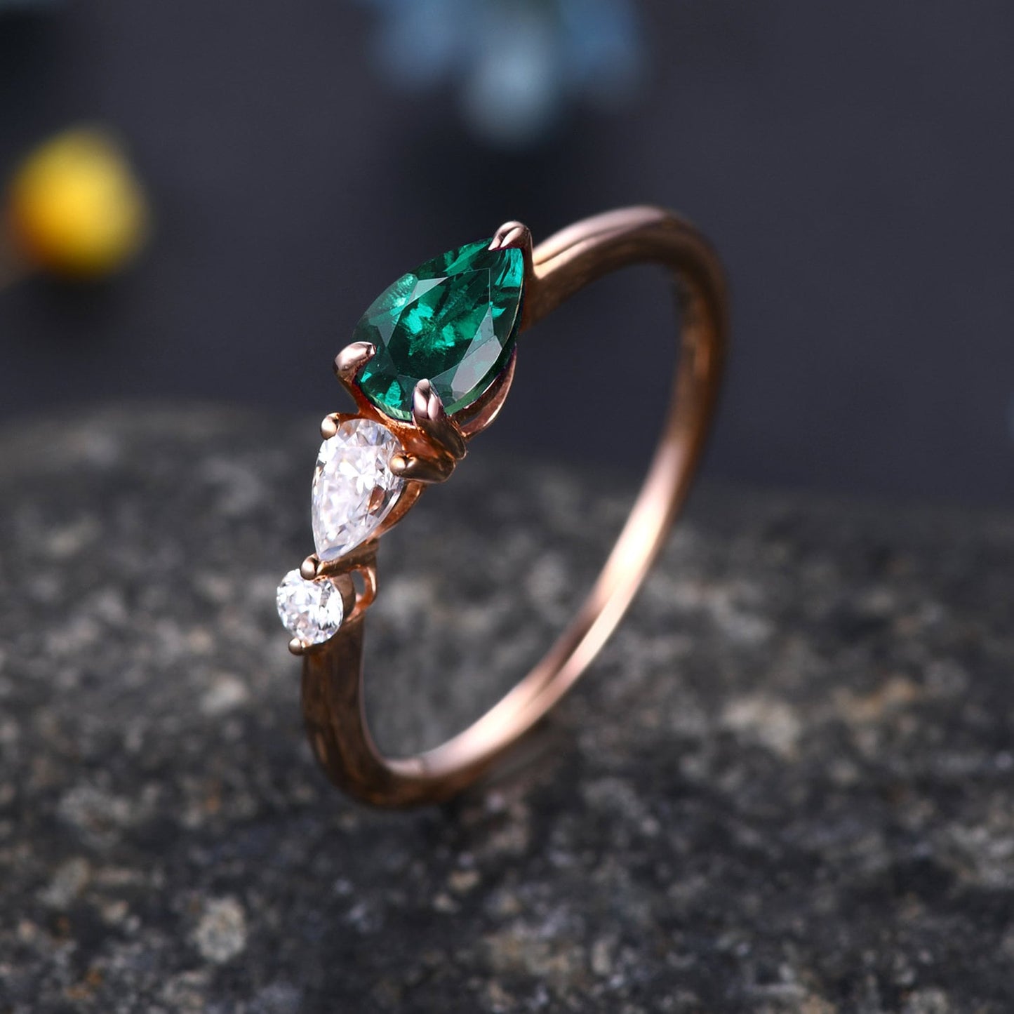 Vintage Emerald Ring Engagement Ring,Pear Cut Gems,Art Deco Moissanite Wedding Band,3 Stone Unique Women Bridal Promise Ring Gift,Rose gold