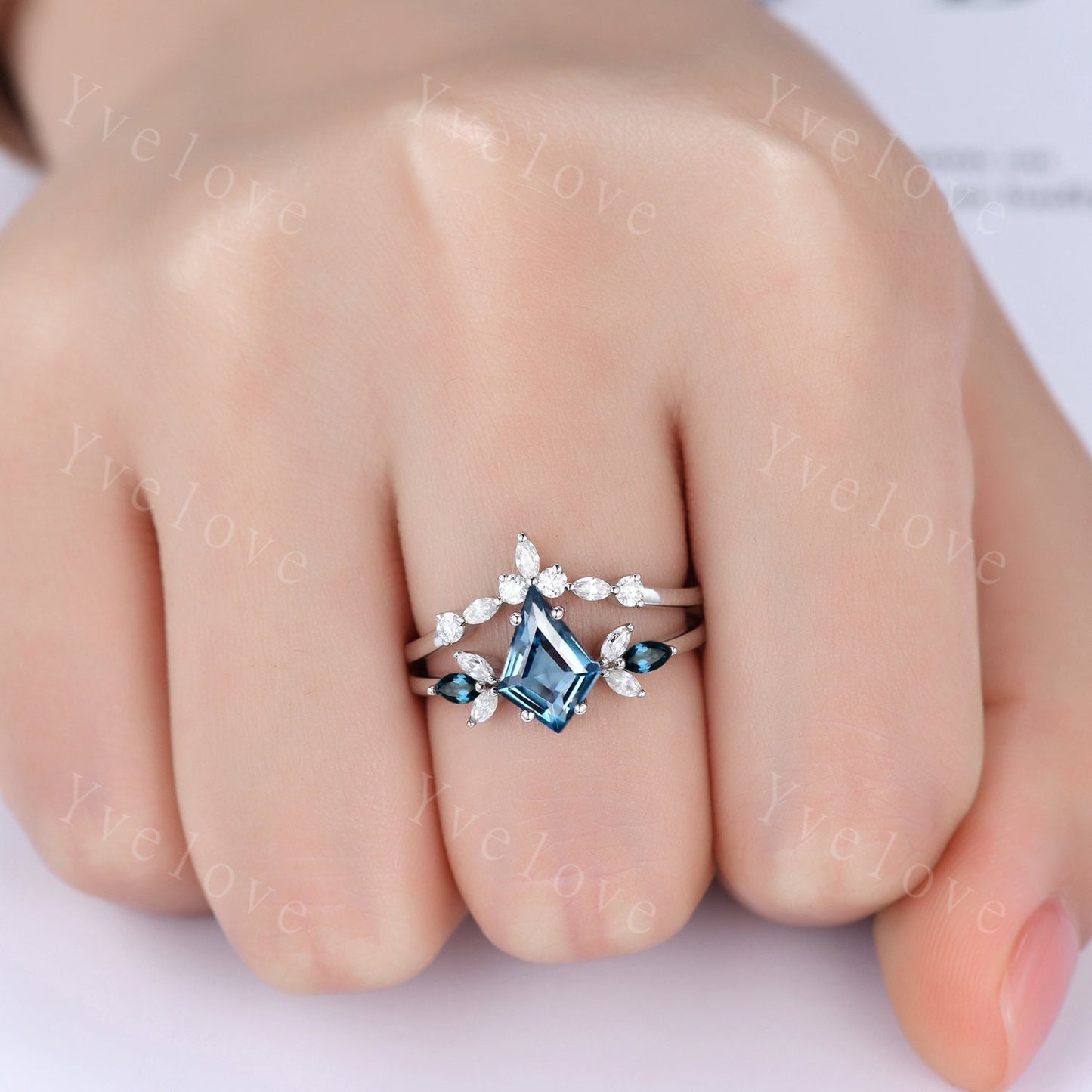 Vintage Kite Cut London Blue Topaz Engagement Ring Set,Unique Bridal Ring Set,Marquise Topaz Matching Band,White Gold Women Anniversary Ring