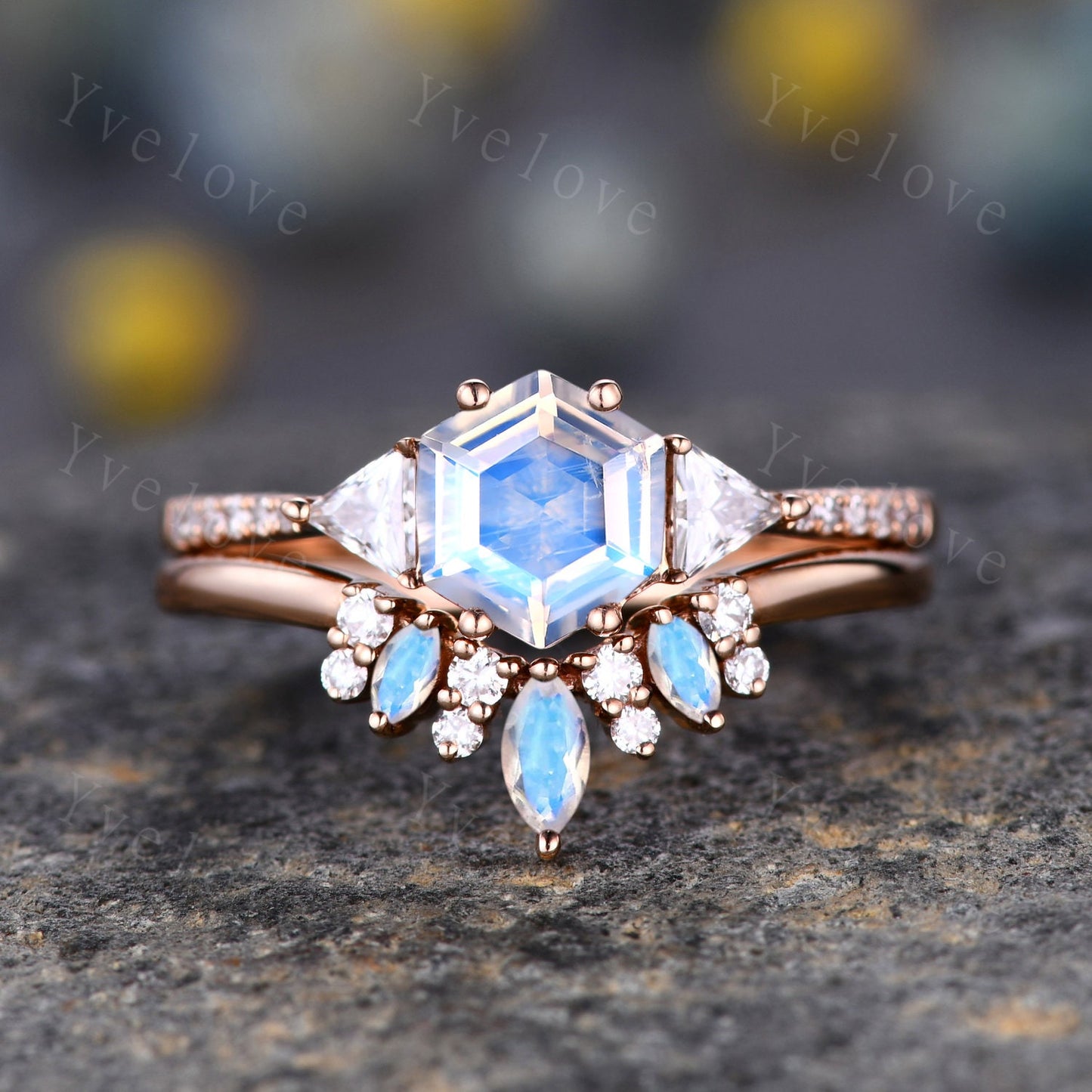 Hexagon Cut Moonstone Engagement Ring,Vingate Bridal Ring,925 Silver,Gothic Ring,Moissanite Anniversary Wedding Ring Birthday Gift for Her
