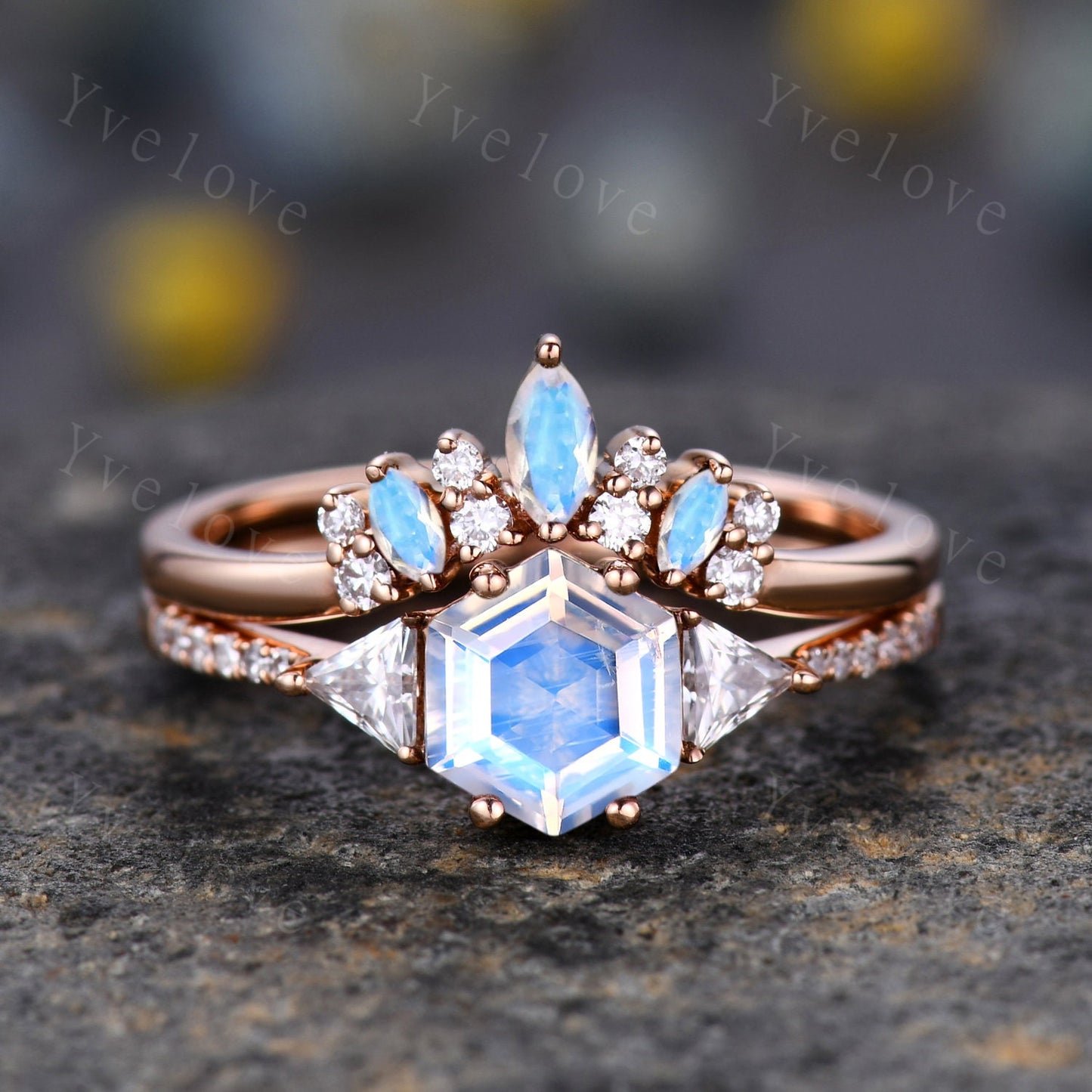 Hexagon Cut Moonstone Engagement Ring,Vingate Bridal Ring,925 Silver,Gothic Ring,Moissanite Anniversary Wedding Ring Birthday Gift for Her