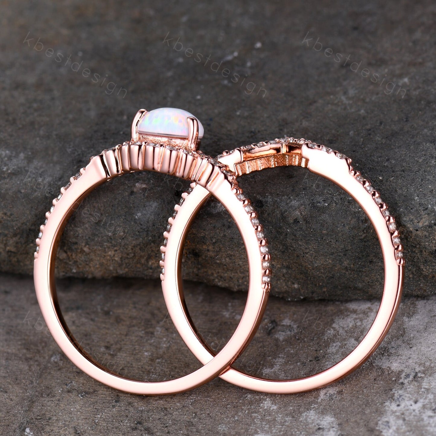 Pear shaped Opal engagement ring set rose gold white opal engagement ring unique curved CZ diamond stacking matching band Bridal promise set