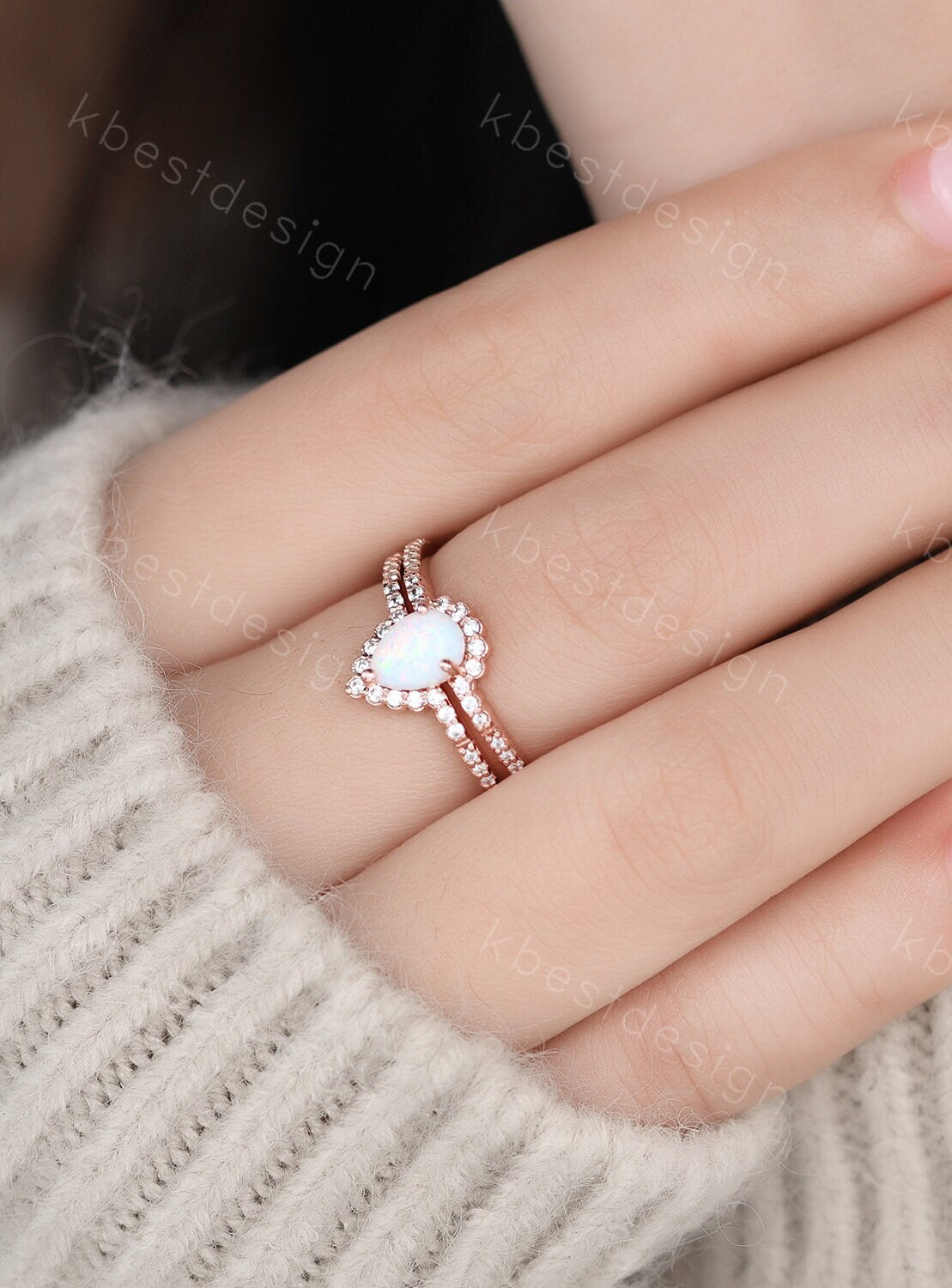 Pear shaped Opal engagement ring set rose gold white opal engagement ring unique curved CZ diamond stacking matching band Bridal promise set