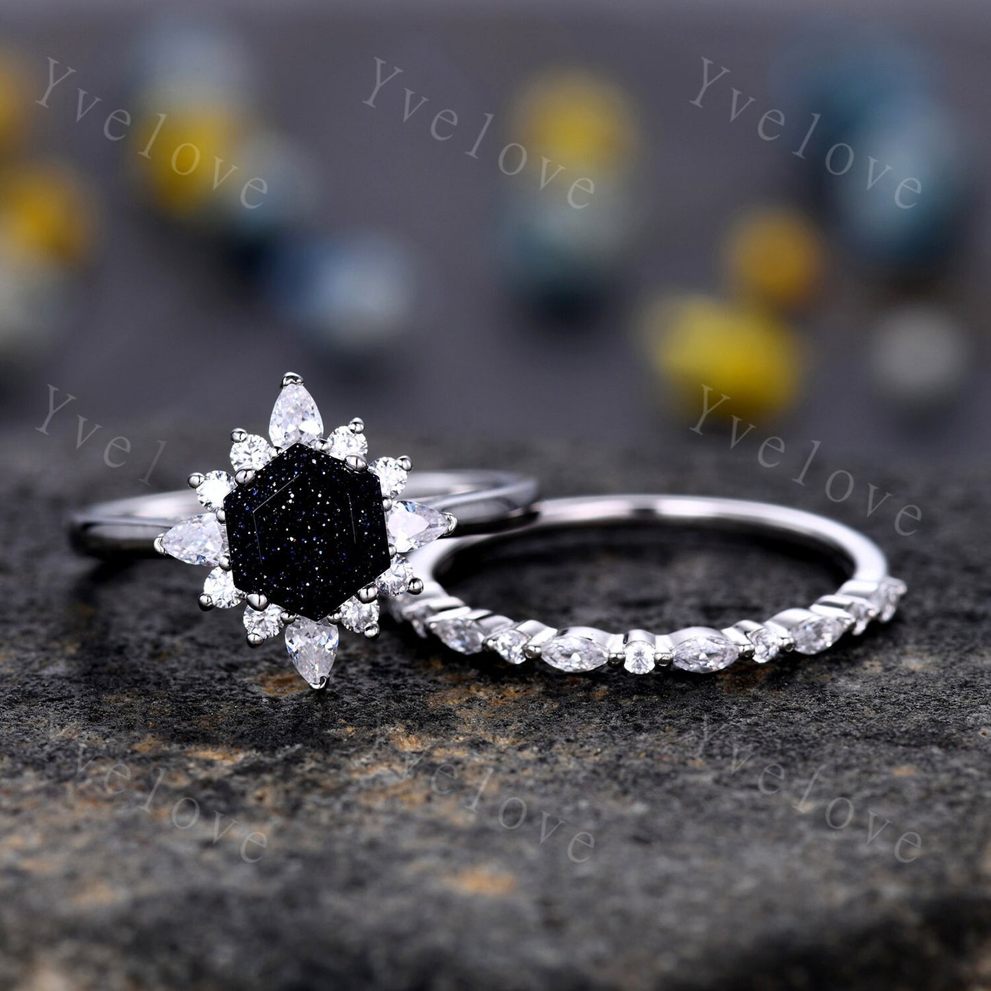 Vintage Sandstone Engagement Ring Set,Retro Moissanite Band,White Gold Ring,Women Stacking Matching Wedding Band Promise Ring Gift For Her