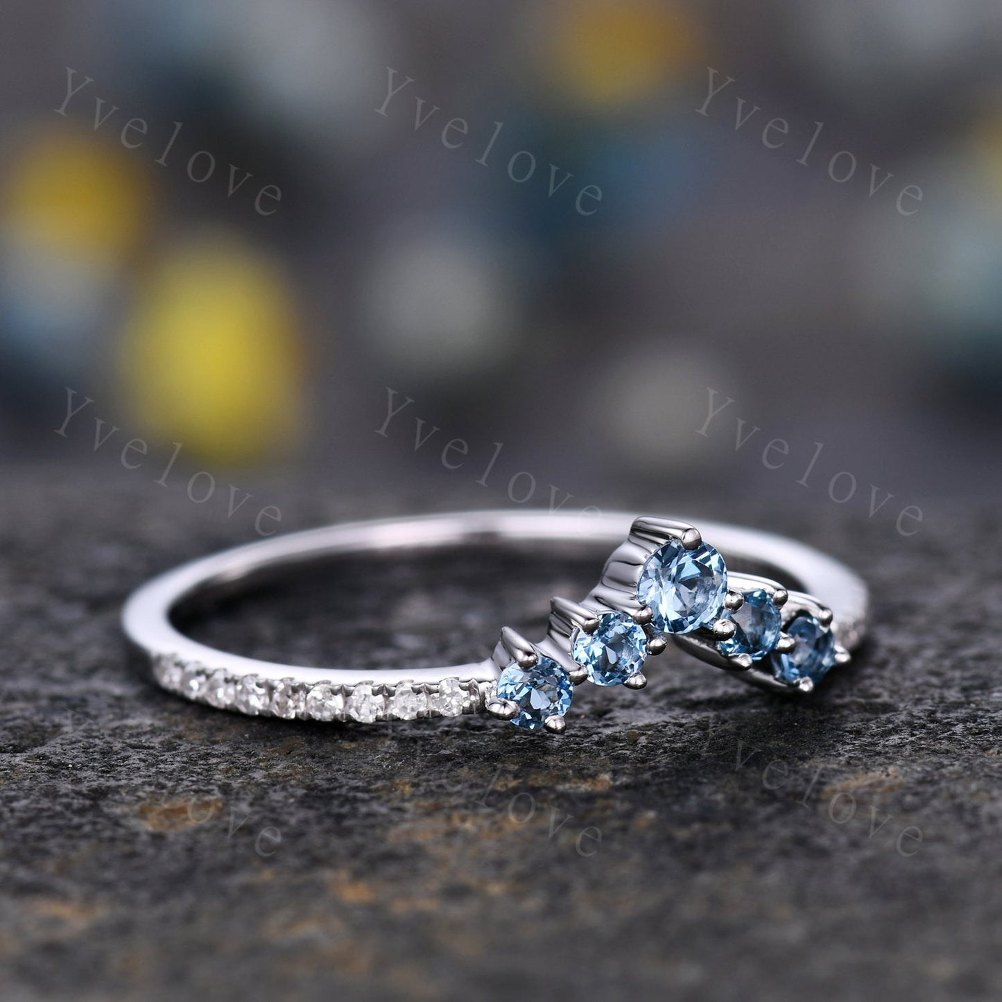 V shape topaz diamond wedding band curved stacking matching band London blue topaz half eternity ring solid 14k White gold promise bridal