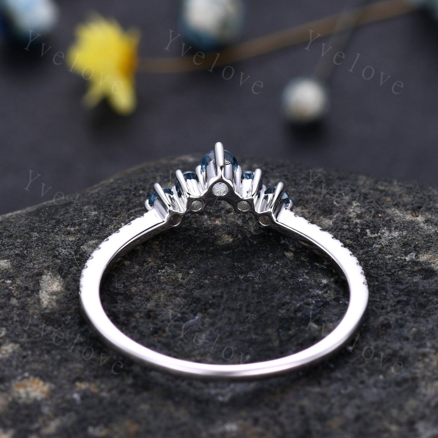 V shape topaz diamond wedding band curved stacking matching band London blue topaz half eternity ring solid 14k White gold promise bridal