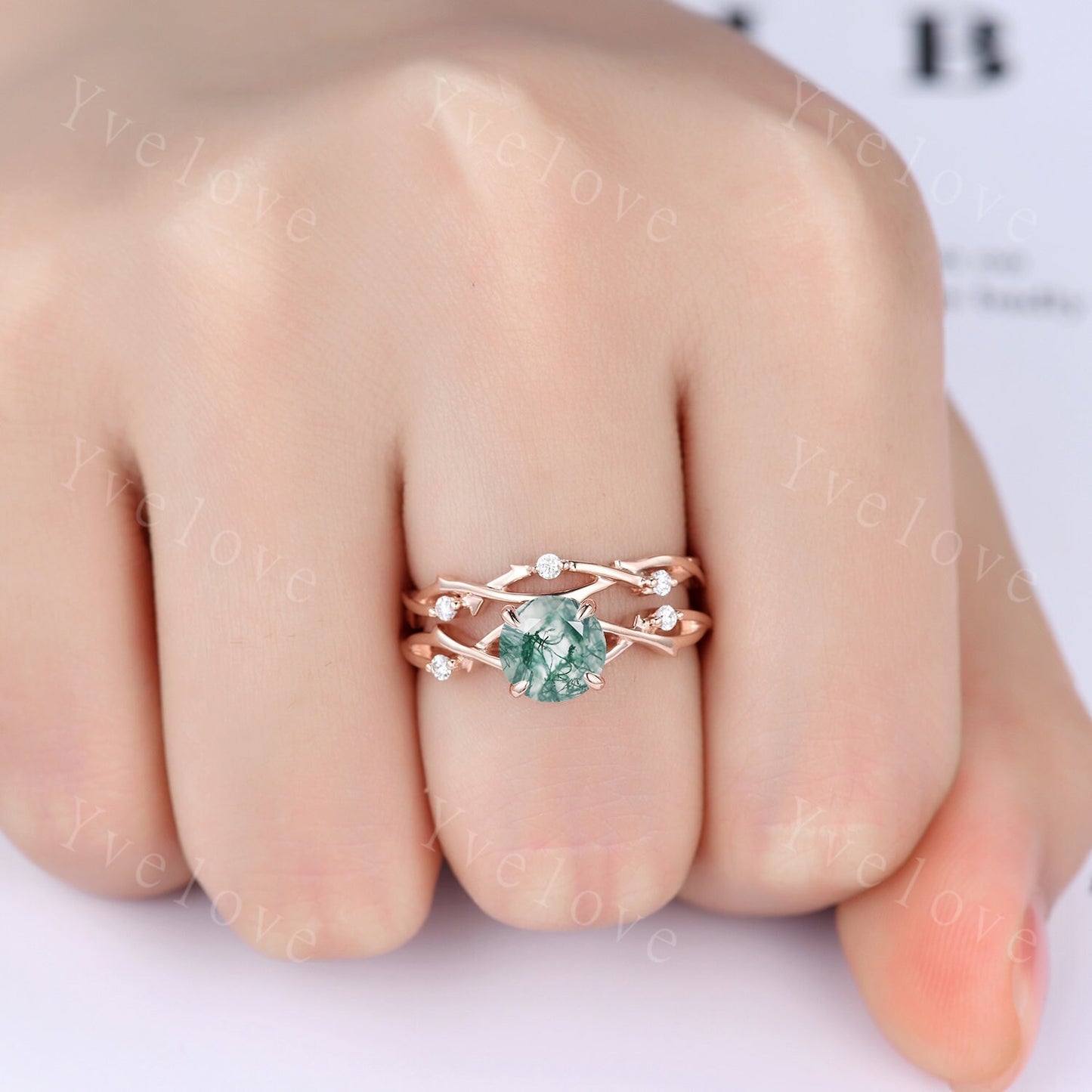 Round Shaped Twig Moss Agate Engagement Ring Set,Vintage Leaf Diamond Ring,Branch Ring Rose Gold,Twisted Ring Promise Bridal Set,Green Agate