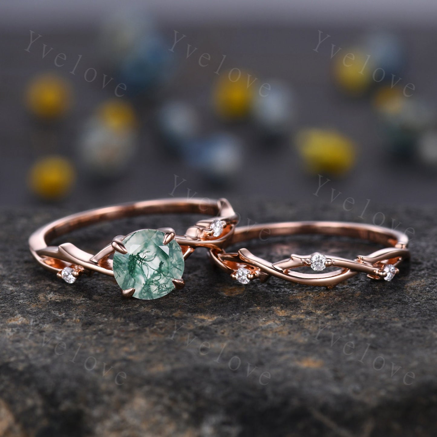 Round Shaped Twig Moss Agate Engagement Ring Set,Vintage Leaf Diamond Ring,Branch Ring Rose Gold,Twisted Ring Promise Bridal Set,Green Agate