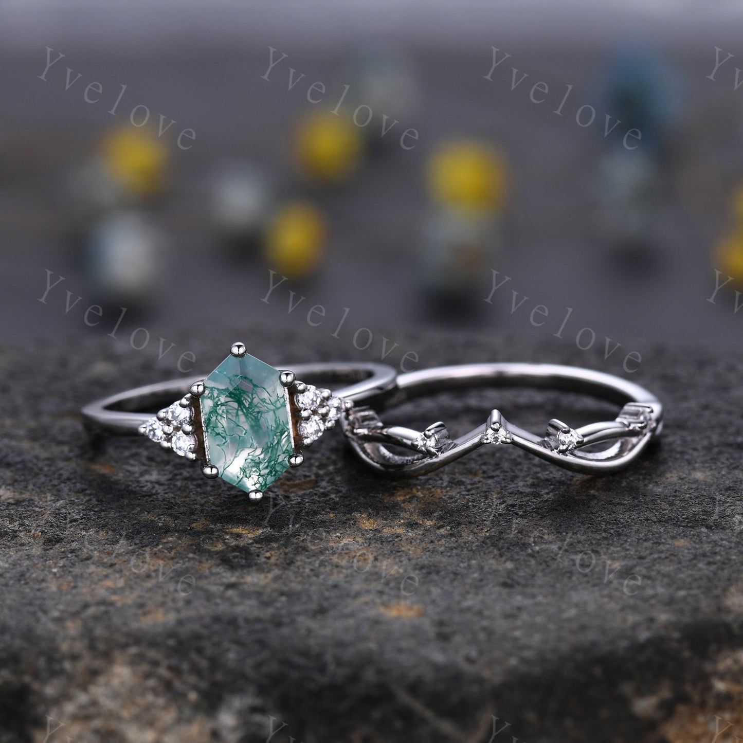 Retro Long hexagon Moss Agate Ring,Vintage Platinum Ring,Unique Agate Engagement Ring,Twig Diamond Promise Ring,Anniversary Ring Gift To Her