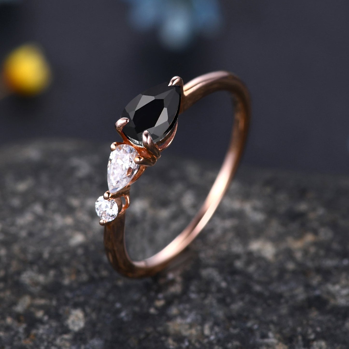 Vintage Black Onyx Engagement Ring,Pear Cut Gems,Art Deco Moissanite Wedding Band,3 Stone Unique Women Bridal Promise Ring Gift,Gold Ring