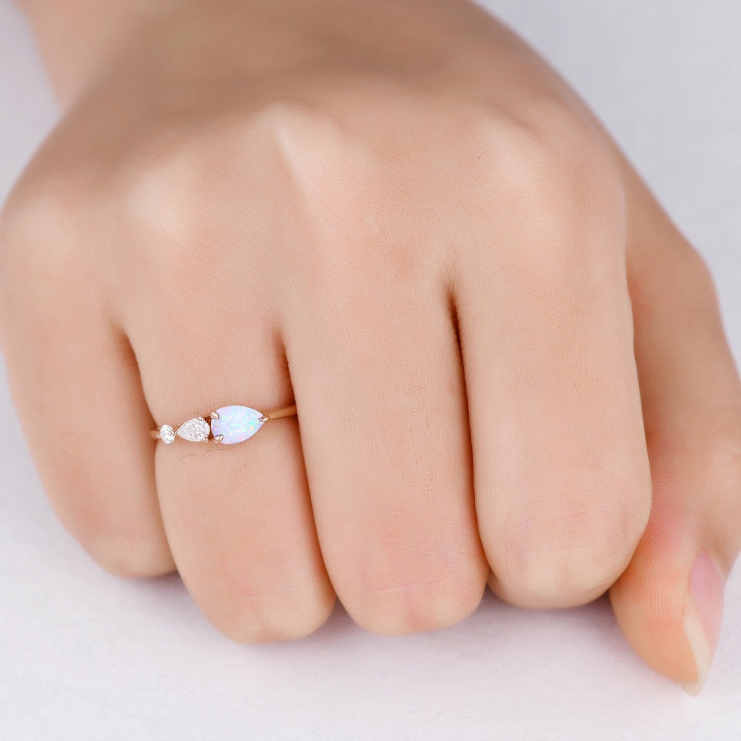 Vintage White Opal Engagement Ring,Pear Cut Gems,Art Deco Moissanite Wedding Band,3 Stone Unique Women Bridal Promise Ring,Rose gold ring