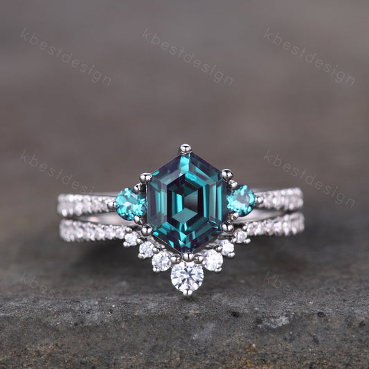 Unique Hexagon Cut Alexandrite Engagement Ring Set Women White Gold Rings Vintage Three Stone Bridal Wedding Set Promise Anniversary Gift