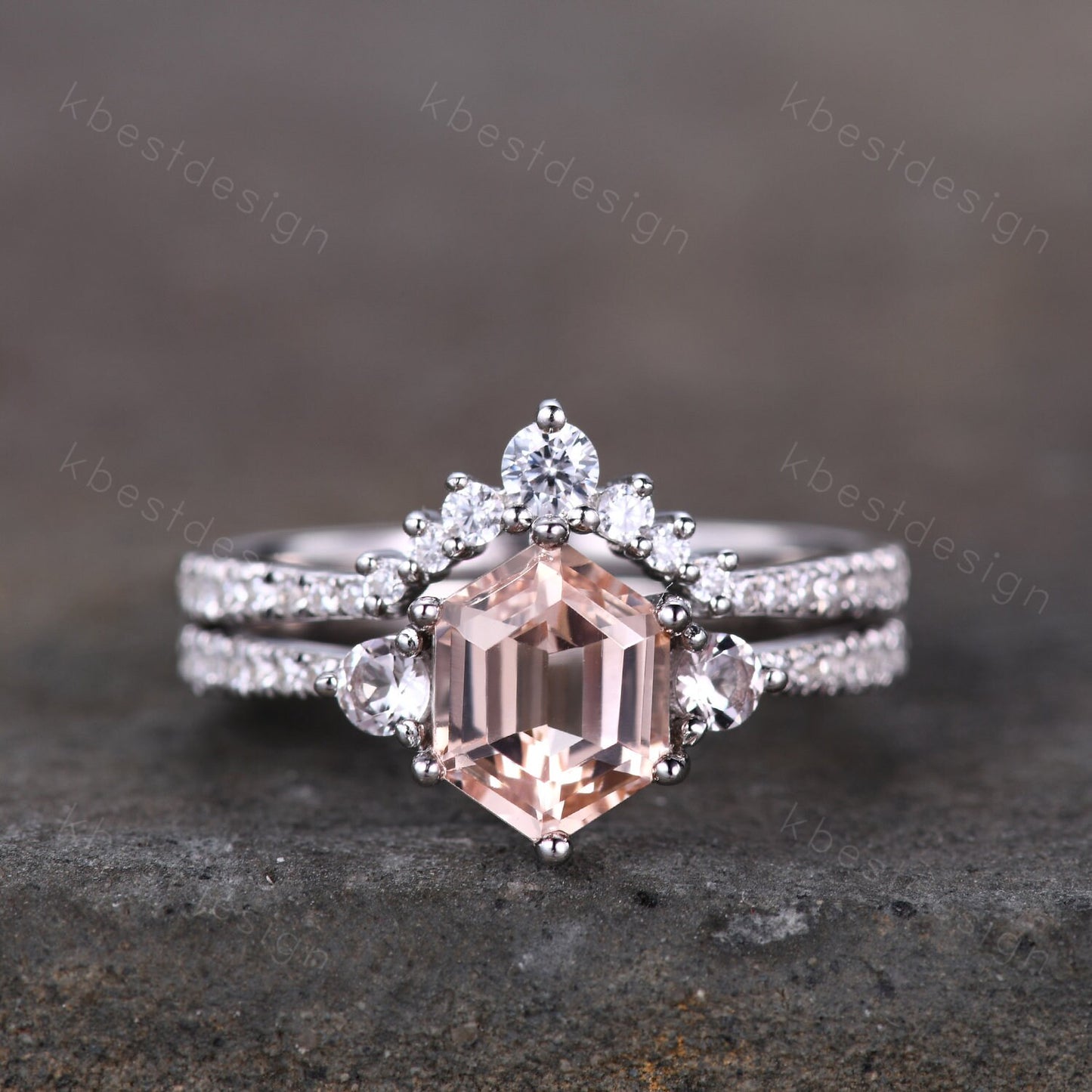 Vintage Morganite Engagement Ring Set Hexagon Cut Morganite Ring Unique Curved Stacking Matching Band Promise Ring Bridal Set Silver Rings