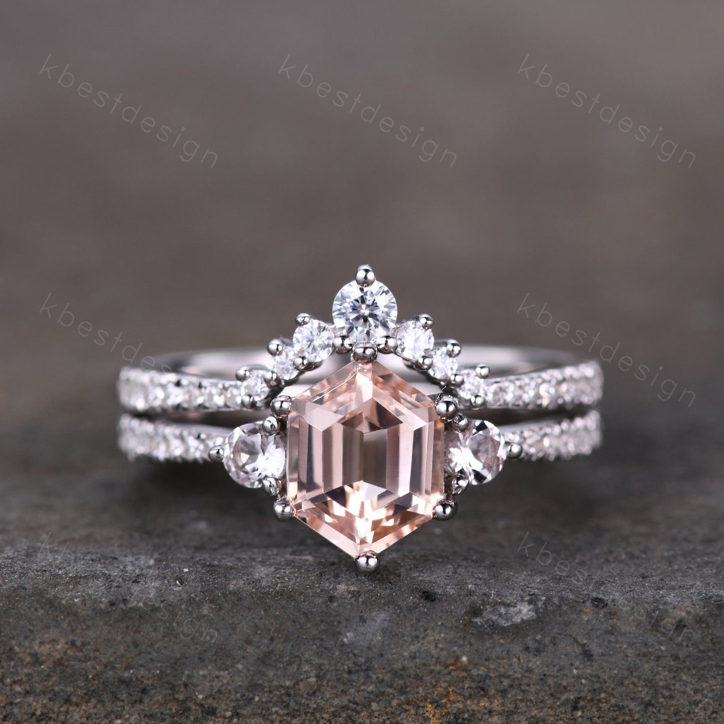 Vintage Morganite Engagement Ring Set Hexagon Cut Morganite Ring Unique Curved Stacking Matching Band Promise Ring Bridal Set Silver Rings