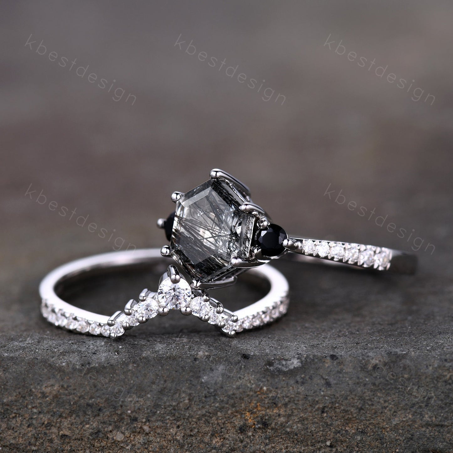 Vintage black rutilated quartz engagement ring sterling silver wedding ring set art deco women stacking ring unique bridal wedding ring set