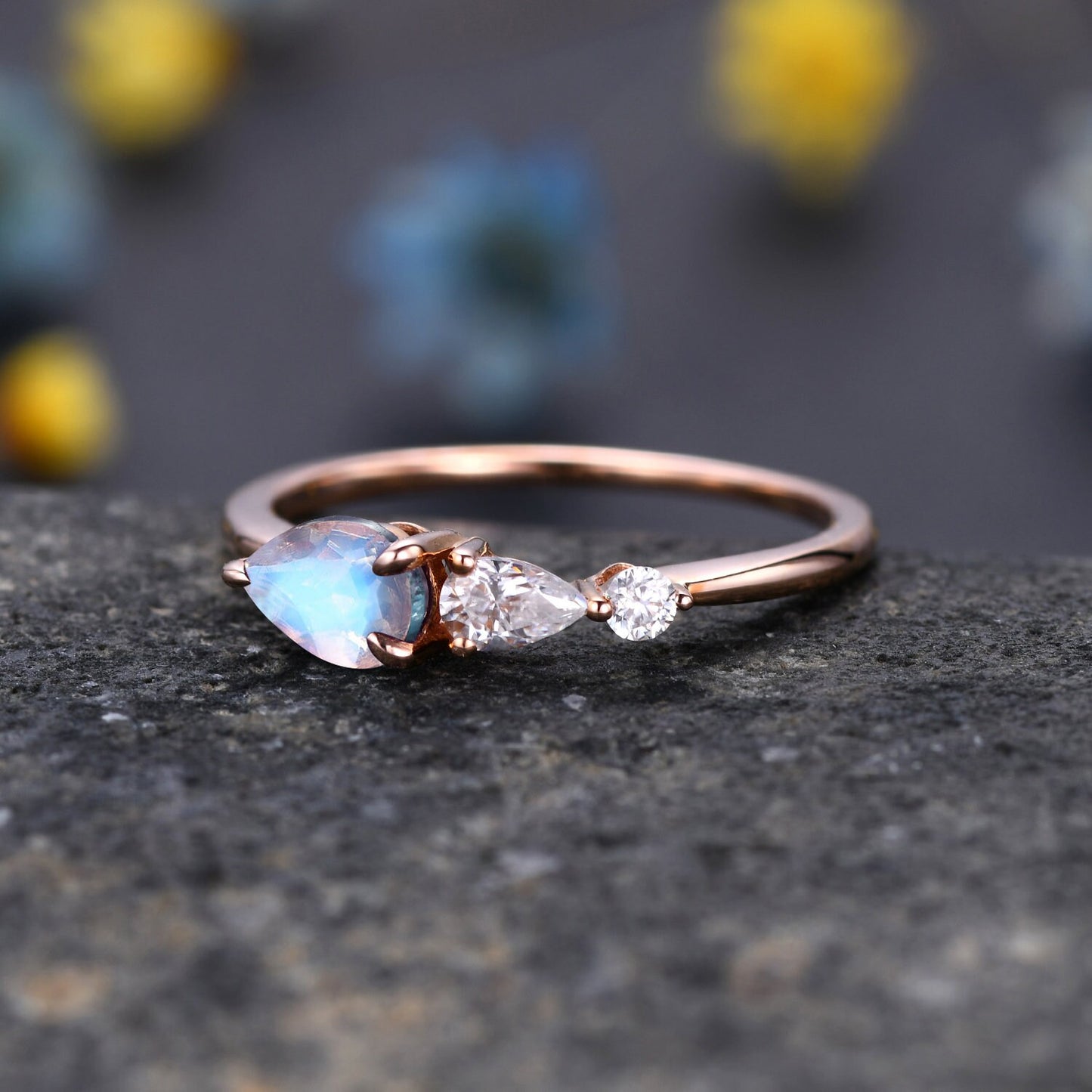 Vintage Moonstone Engagement Ring,Pear Cut Gems,Art Deco Moissanite Wedding Band,3 Stone Unique Women Bridal Promise Ring,Sterling Silver