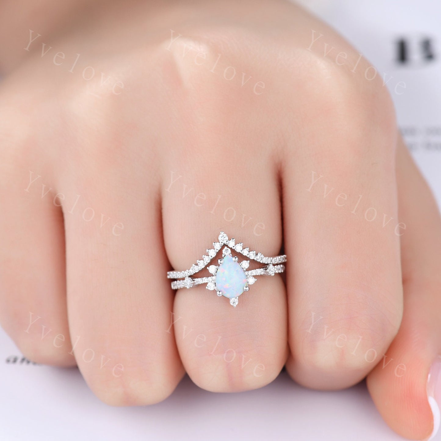 Pear Opal Ring White Fire Opal,Engagement Ring Set,Pear Opal Bridal Set,Moissanite Half Eternity Band,14K White Gold,Opal October Birthstone