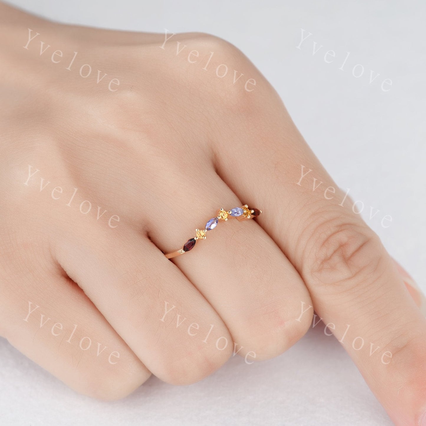 Yellow Citrine Wedding Band, Marquise Garnet tanzanite ring,Women Stacking Matching Wedding Band,Family Birthstone,Art Deco ring,Customized