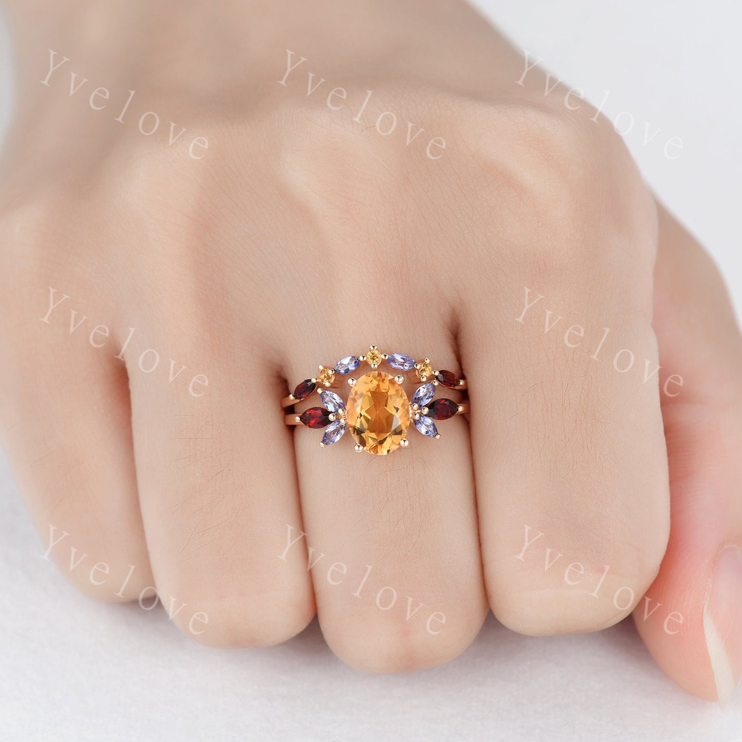 Yellow Citrine Wedding Band, Marquise Garnet tanzanite ring,Women Stacking Matching Wedding Band,Family Birthstone,Art Deco ring,Customized
