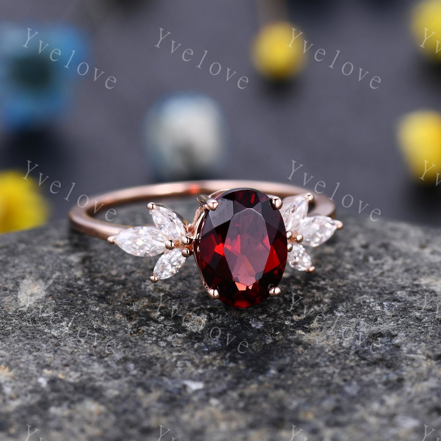 Vintage Garnet engagement ring set rose gold art deco ring moissanite stackng matching band women promise ring bridal ring anniversary gift