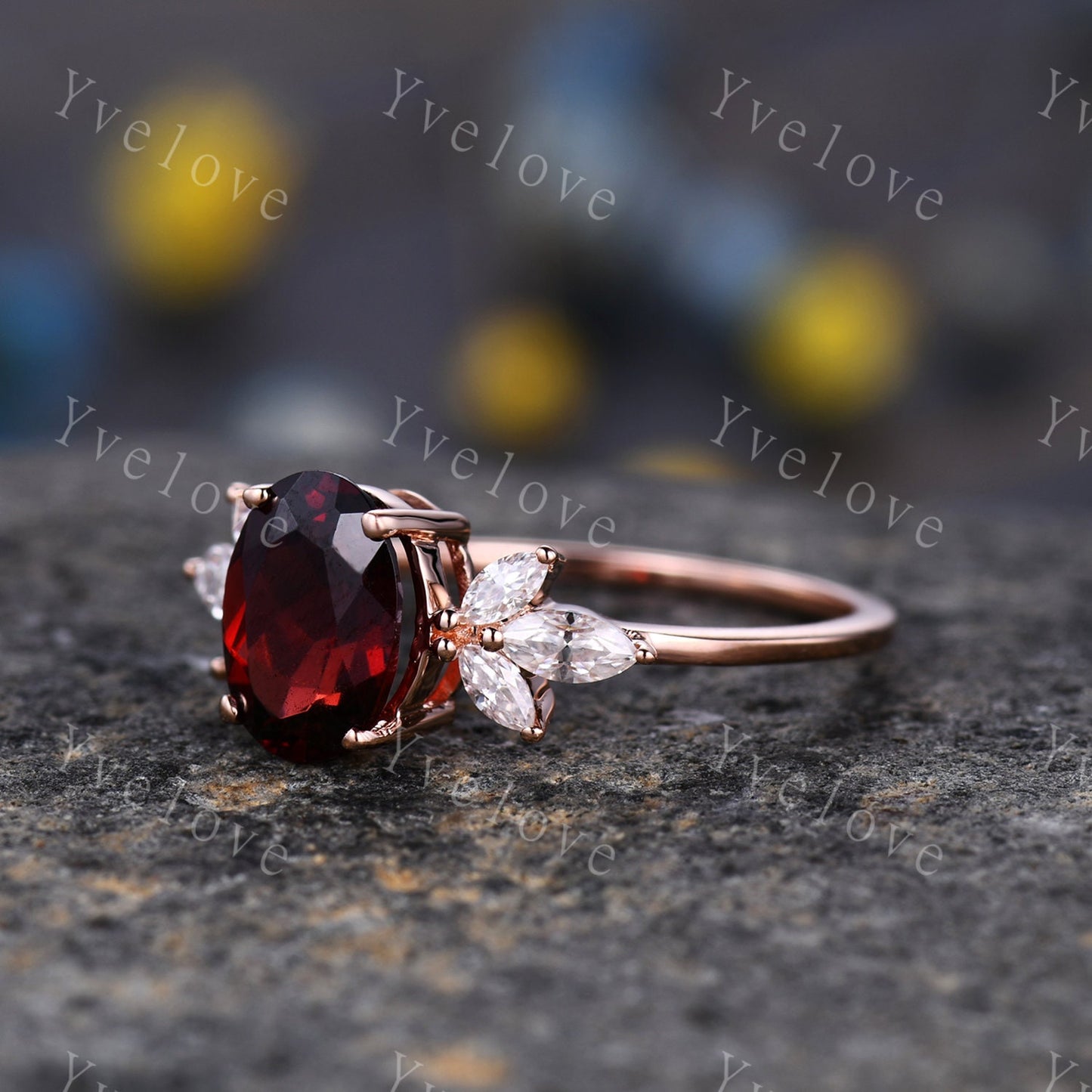 Vintage Garnet engagement ring set rose gold art deco ring moissanite stackng matching band women promise ring bridal ring anniversary gift