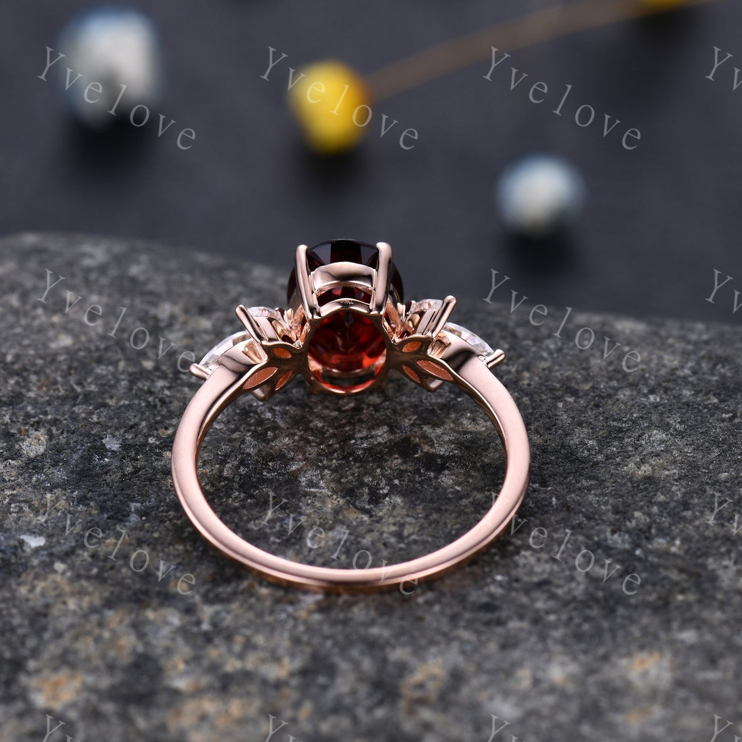 Vintage Garnet engagement ring set rose gold art deco ring moissanite stackng matching band women promise ring bridal ring anniversary gift