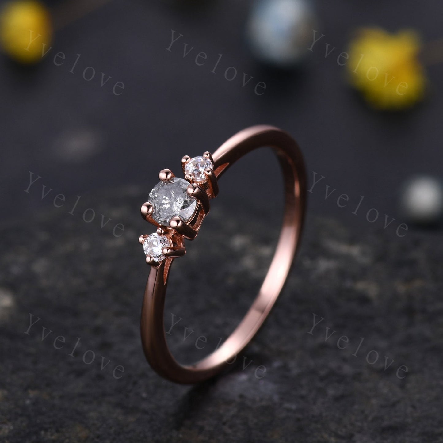 Minimalist Salt and Pepper Diamond Engagement Ring,Rose Gold,Danity round cut 3 stone Bridal ring,Art deco Wedding Ring,Unique Anniversary