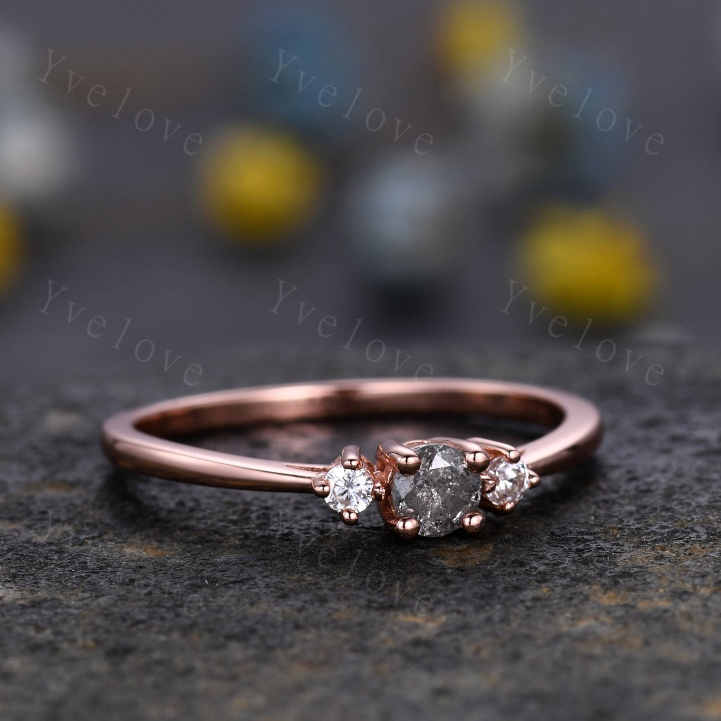 Minimalist Salt and Pepper Diamond Engagement Ring,Rose Gold,Danity round cut 3 stone Bridal ring,Art deco Wedding Ring,Unique Anniversary