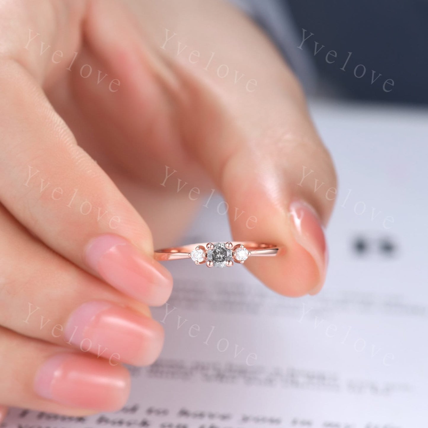 Minimalist Salt and Pepper Diamond Engagement Ring,Rose Gold,Danity round cut 3 stone Bridal ring,Art deco Wedding Ring,Unique Anniversary