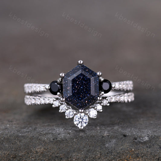 Hexagon Blue Sandstone Engagement Ring Set Sterling Silver Vintage Black Diamond Promise Ring Unique Curved Stacking Band Bridal Ring Set