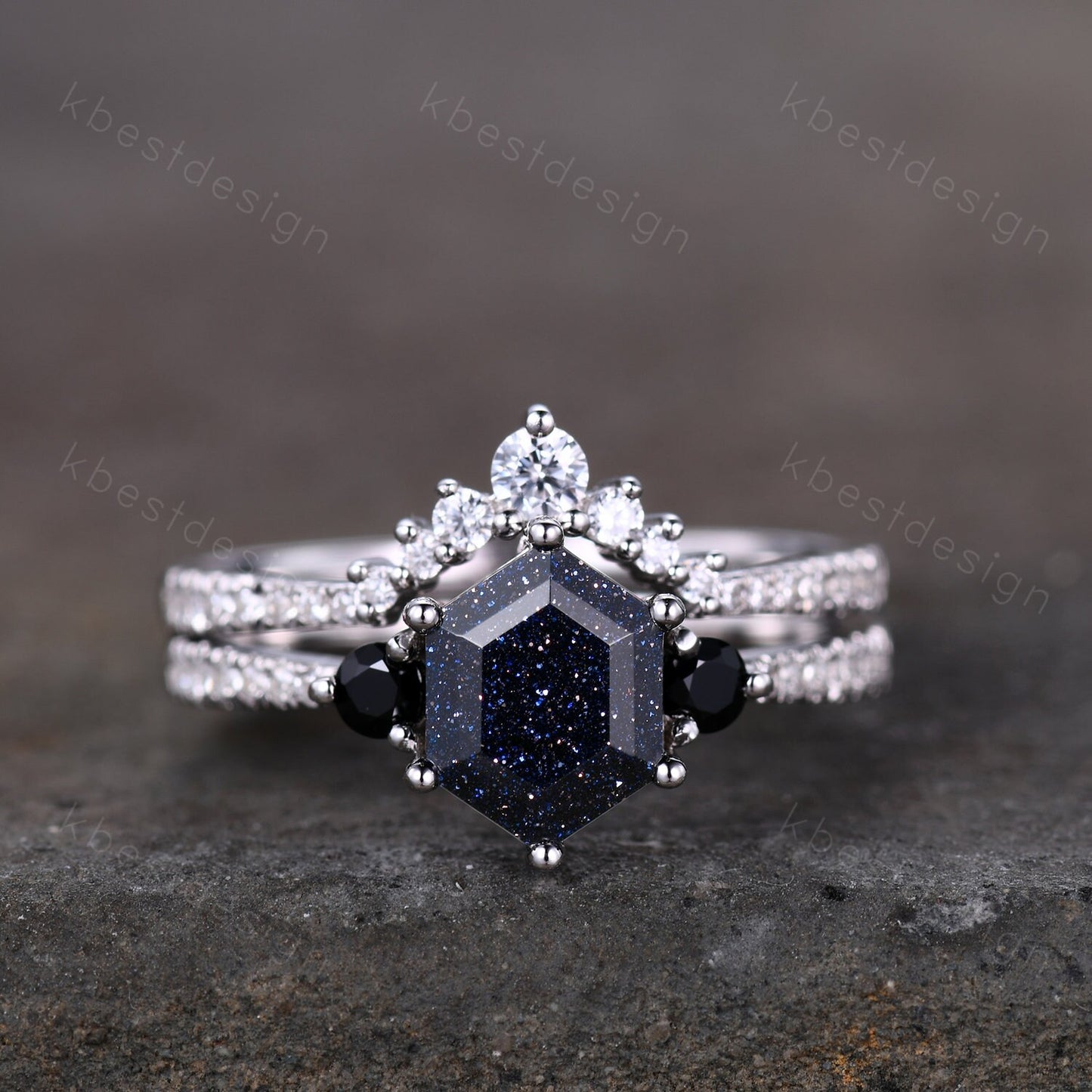 Hexagon Blue Sandstone Engagement Ring Set Sterling Silver Vintage Black Diamond Promise Ring Unique Curved Stacking Band Bridal Ring Set