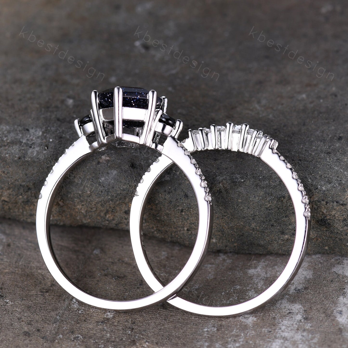 Hexagon Blue Sandstone Engagement Ring Set Sterling Silver Vintage Black Diamond Promise Ring Unique Curved Stacking Band Bridal Ring Set