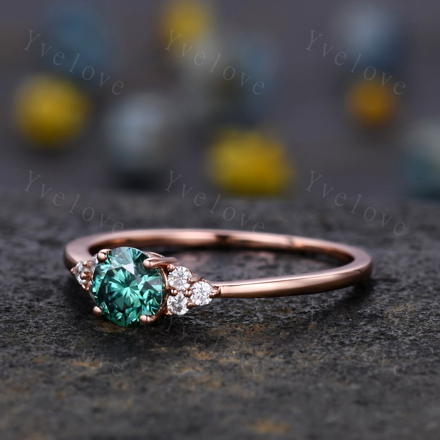 Danity green moissanite engagement ring 5mm round cut moissanite rose gold art deco diamond wedding band bridal promise ring gift for her