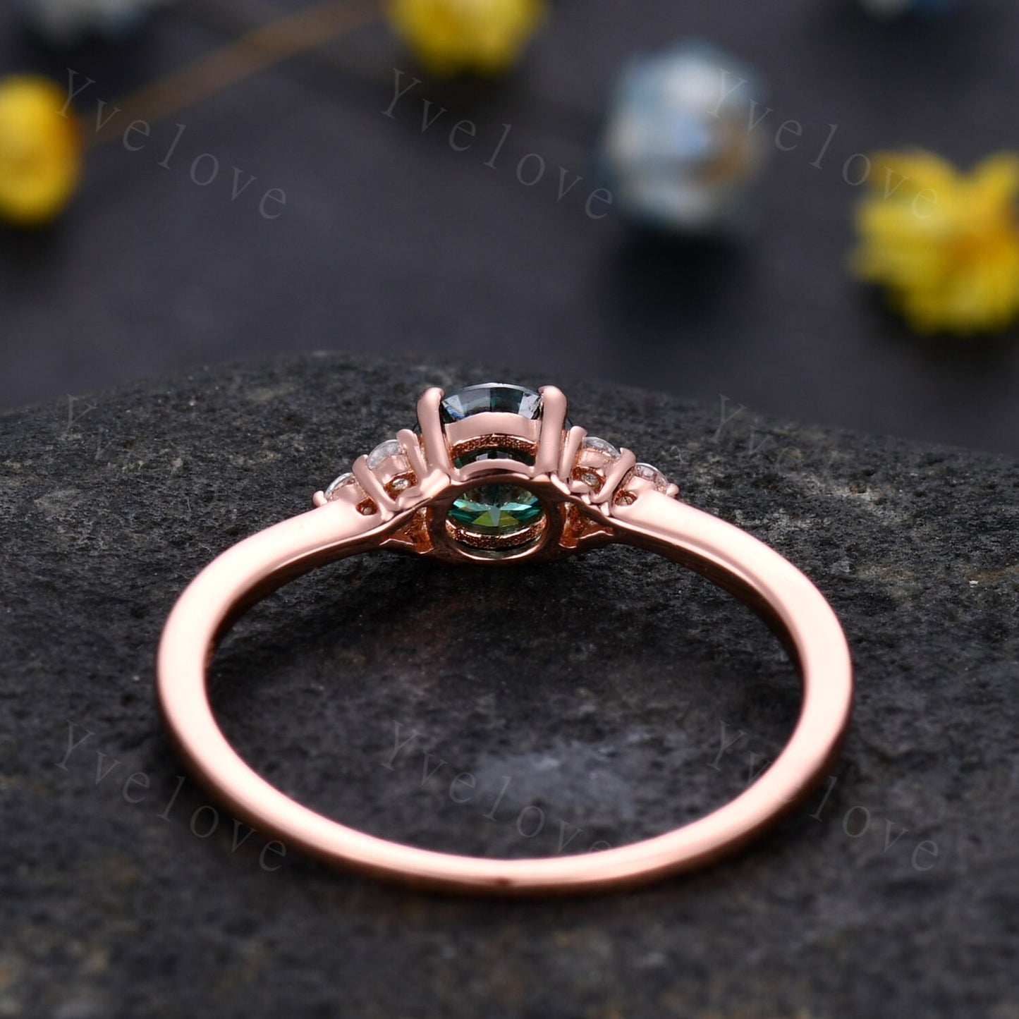 Danity green moissanite engagement ring 5mm round cut moissanite rose gold art deco diamond wedding band bridal promise ring gift for her