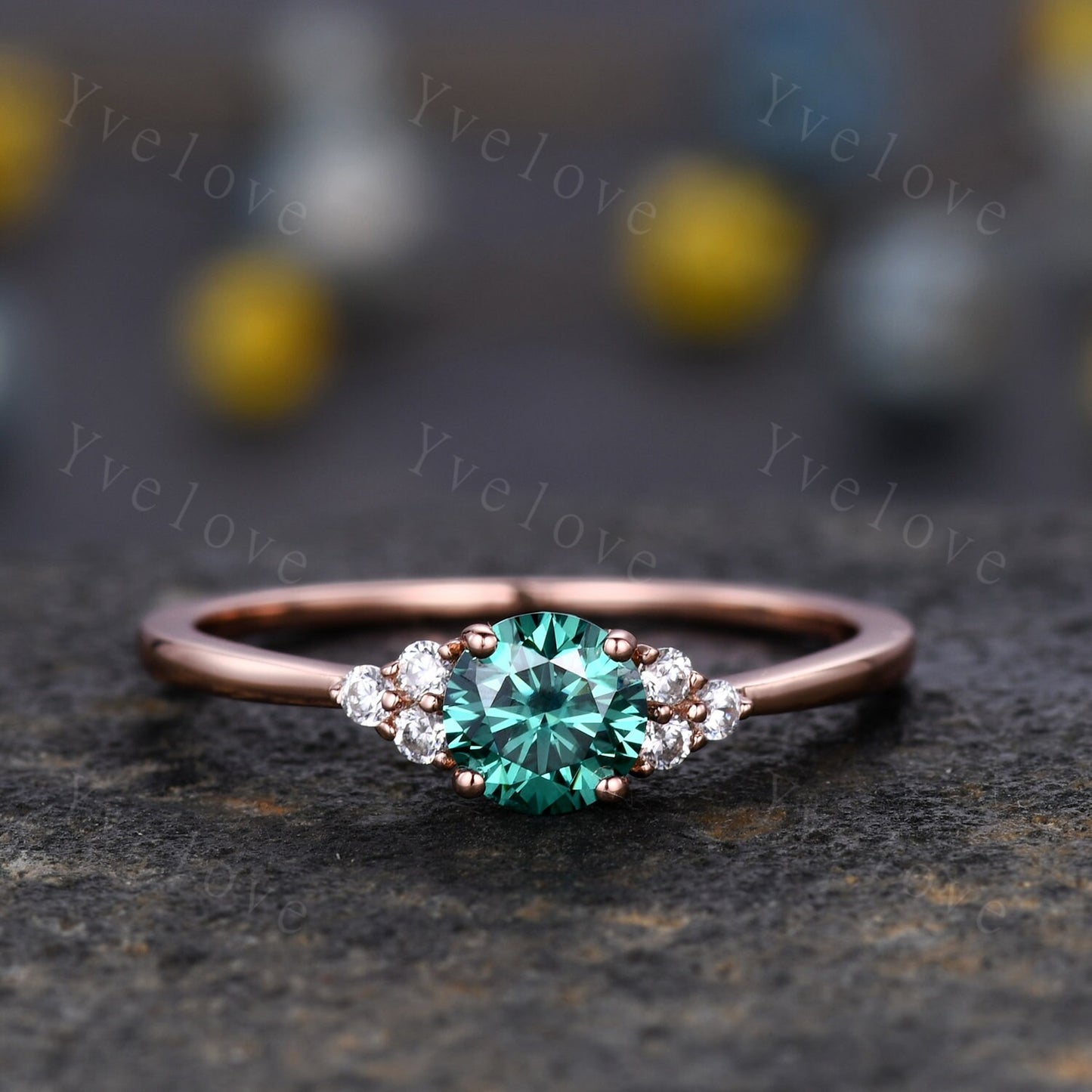 Danity green moissanite engagement ring 5mm round cut moissanite rose gold art deco diamond wedding band bridal promise ring gift for her