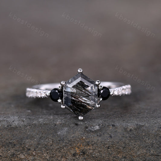 Unique Black Rutile Quartz Engagement Ring,Black Rutilated Quartz Promise Ring,Black Diamond Three Stone Ring,Promise Gift for Her