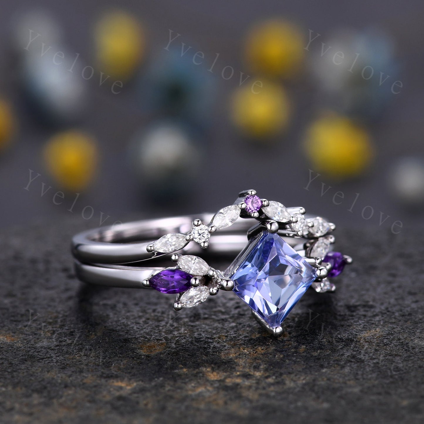 Vintage Princess Cut Tanzanite Engagement Ring Set White Gold Women Moissanite Amethyst Gem Matching Band Promise Bridal Stacking Ring Set