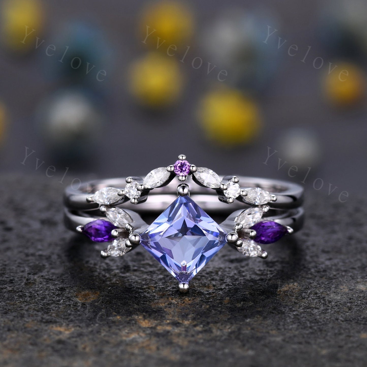 Vintage Princess Cut Tanzanite Engagement Ring Set White Gold Women Moissanite Amethyst Gem Matching Band Promise Bridal Stacking Ring Set