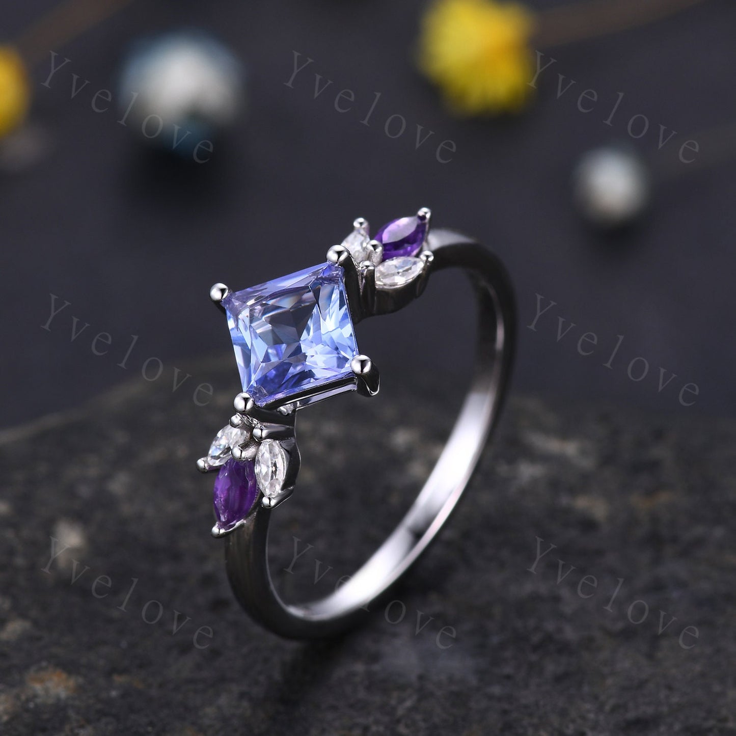 Vintage Princess Cut Tanzanite Engagement Ring 14k White Gold Women Moissanite Amethyst Gem Matching Band Promise Bridal Stacking Ring Gift