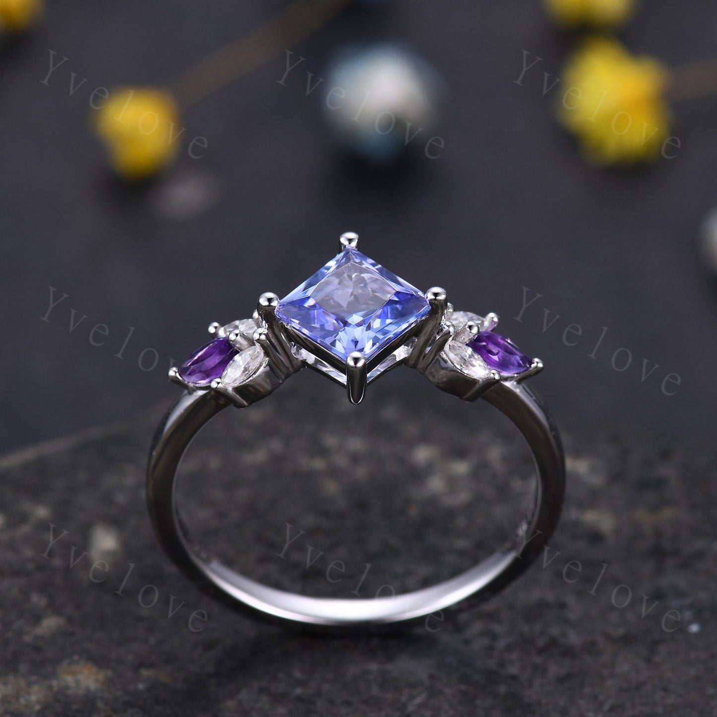 Vintage Princess Cut Tanzanite Engagement Ring 14k White Gold Women Moissanite Amethyst Gem Matching Band Promise Bridal Stacking Ring Gift