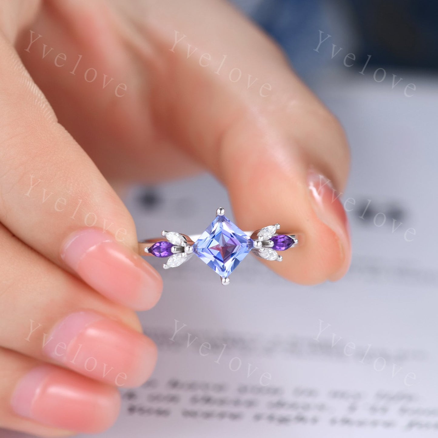 Vintage Princess Cut Tanzanite Engagement Ring 14k White Gold Women Moissanite Amethyst Gem Matching Band Promise Bridal Stacking Ring Gift