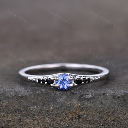 Dainty Tanzanite Wedding Ring Sterling Silver Black Diamond Women Wedding Band Delicate Ring Stackable Band Anniversary Gift for Her