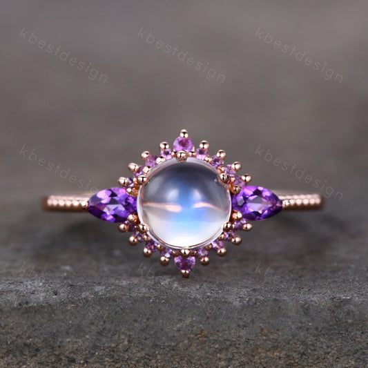Vintage Moonstone engagement ring unique rose gold engagement ring for women Pear shaped amethyst ring Bridal Promise ring Anniversary Gift