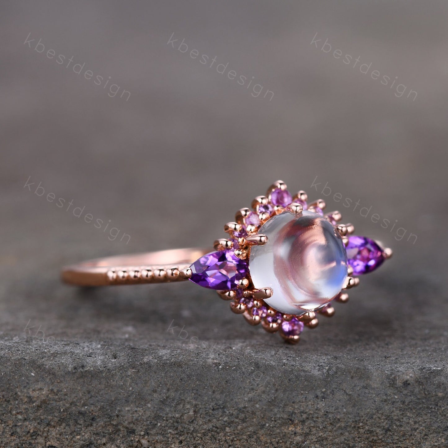 Vintage Moonstone engagement ring unique rose gold engagement ring for women Pear shaped amethyst ring Bridal Promise ring Anniversary Gift