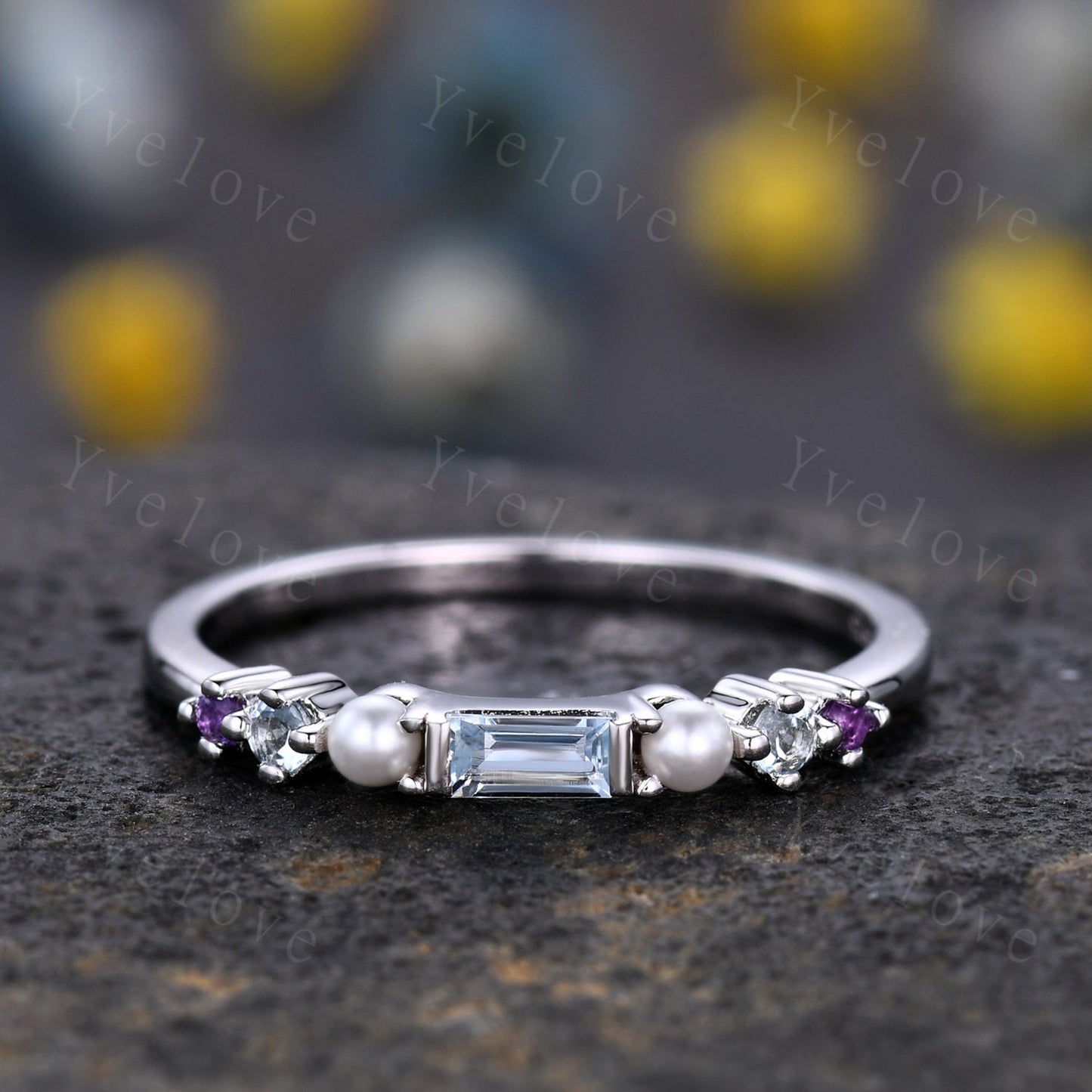 Danity Baguette moss agate ring minimalist ring family gemstone wedding band women stacking matching ring 14kwhite gold ring gift customized