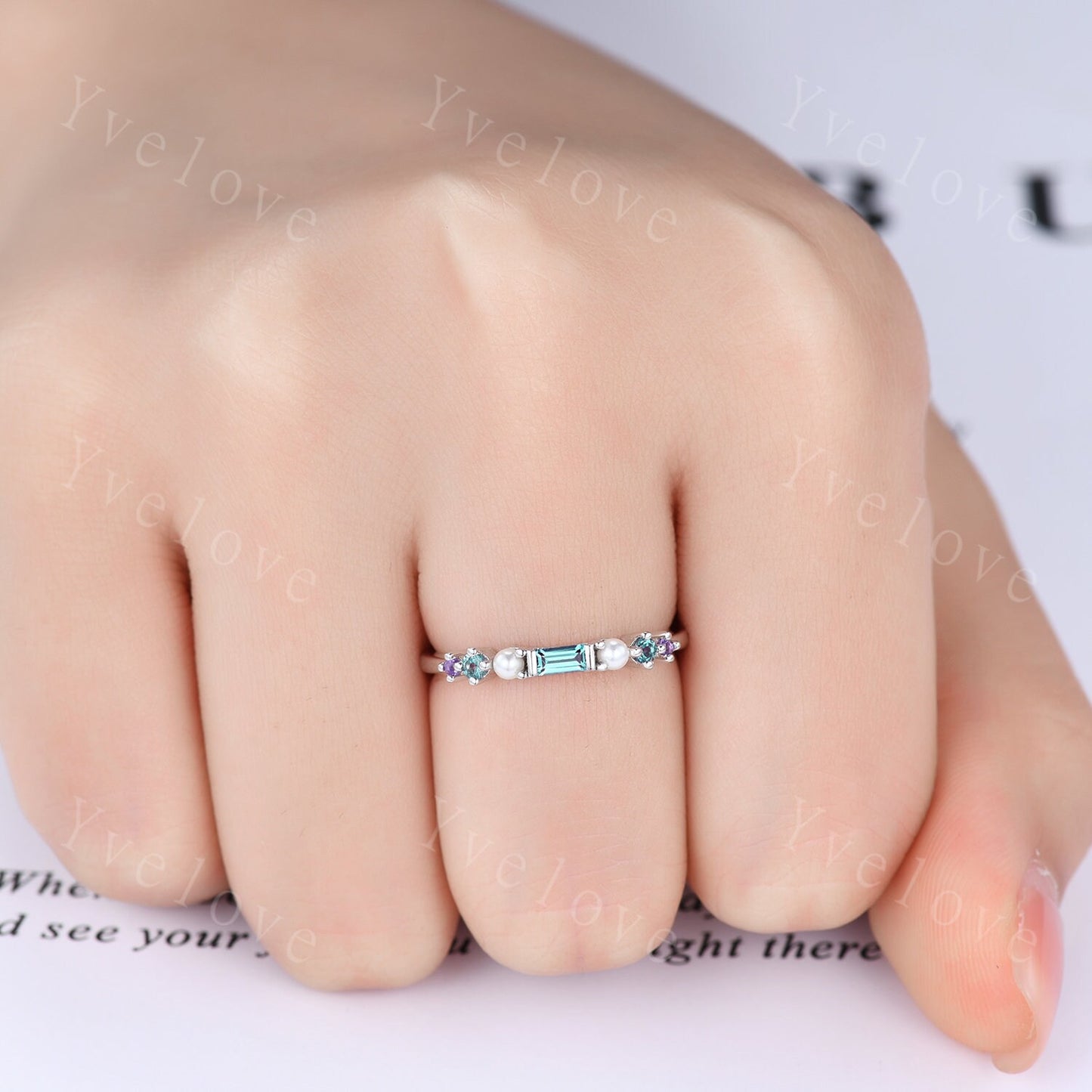 Minimalist Baguette cut alexandrite band danity pearl amethyst wedding band women stackable matching band white gold personalized ring gift