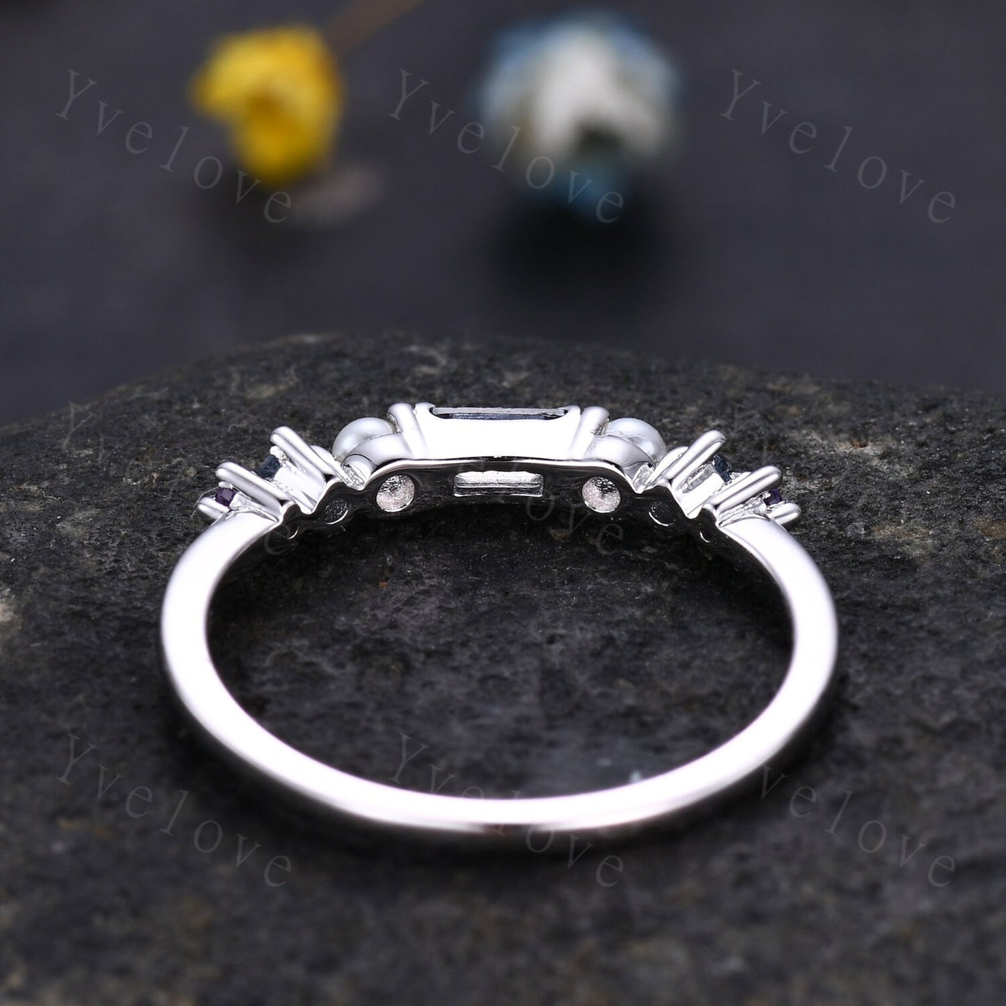 Minimalist Baguette cut alexandrite band danity pearl amethyst wedding band women stackable matching band white gold personalized ring gift
