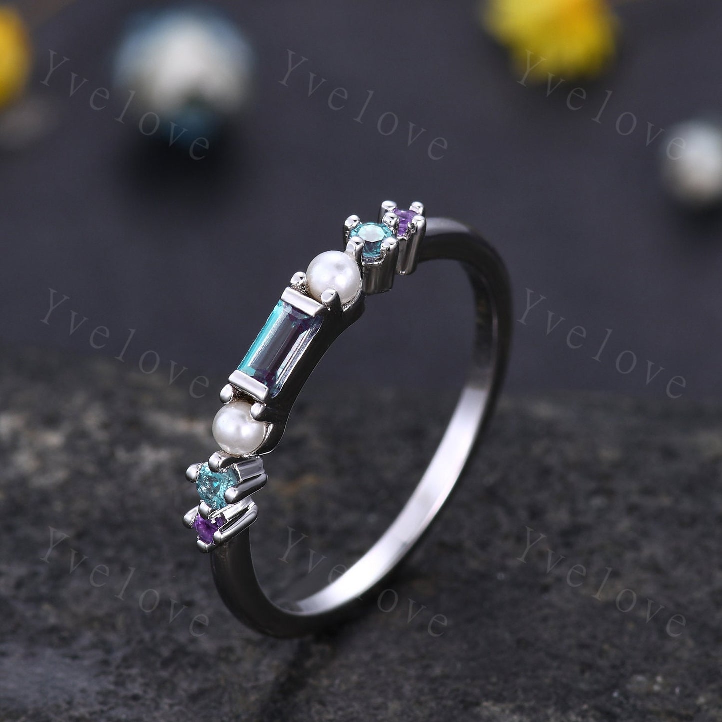 Minimalist Baguette cut alexandrite band danity pearl amethyst wedding band women stackable matching band white gold personalized ring gift