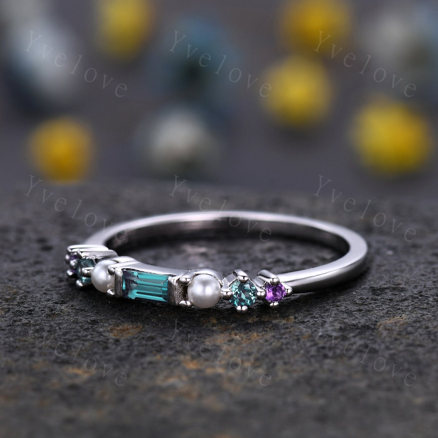 Minimalist Baguette cut alexandrite band danity pearl amethyst wedding band women stackable matching band white gold personalized ring gift
